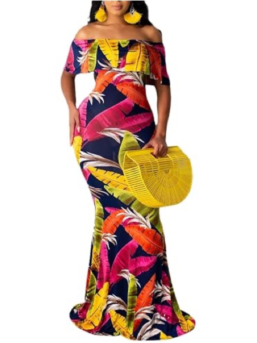 Off-Shoulder Tropical Print Mermaid Dress in Multicolor xl